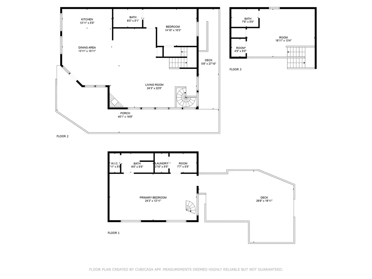 A welcoming view of the kitchen, living room, and deck areas, connecting indoor spaces with outdoor decks and porches. The layout highlights how easily guests can move from cozy interiors to inviting exterior spaces, with hints of the porch and deck visible through large windows and doors.